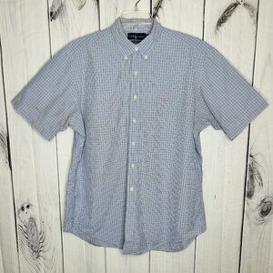 Ralph Lauren Mens Sz XL Blue Plaid Short Sleeve Button Down Shirt Pink Pony